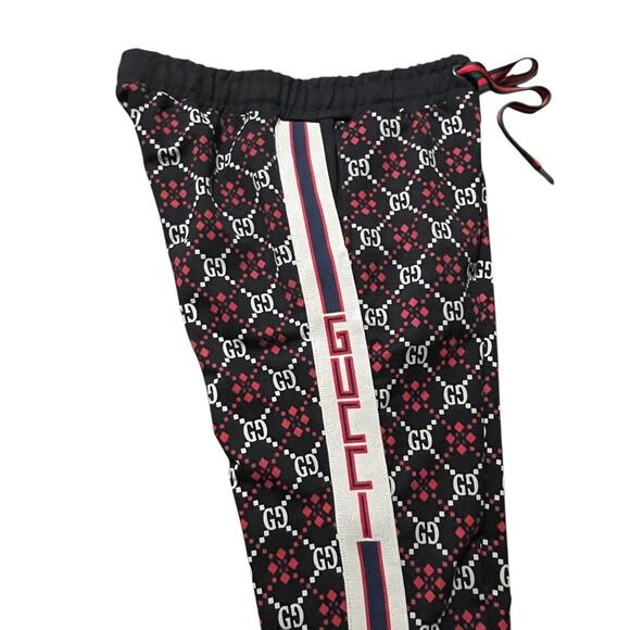 Gucci Pants Mens Medium Black Red Medium Monogram Slim Sweatpants Joggers Italy - Picture 1 of 9